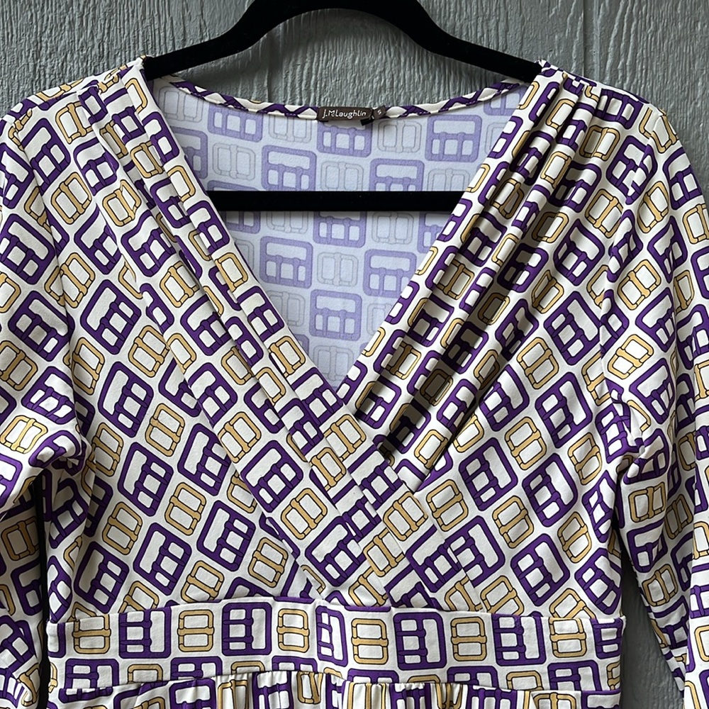 J. Mc Laughlin Faux Wrap Dress V-Neck Preppy Equestrian Belt Buckle Print Size S - Picture 2 of 6